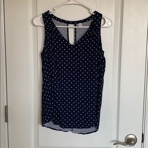 Navy and white polka dot tank